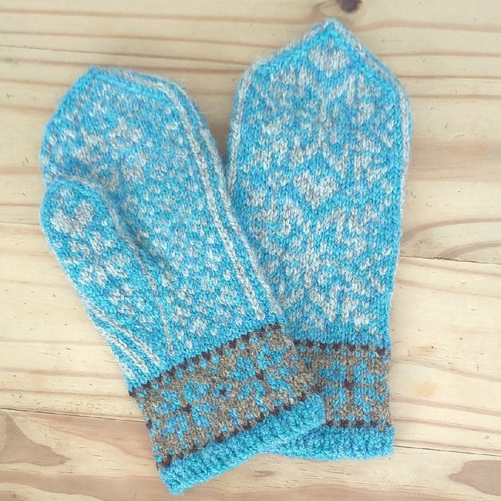 Blue and White Knit Mittens